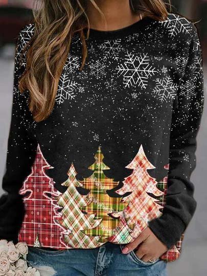 

Women's Snowy Christmas Forest Print Sweatshirts, Black, Auto-clearance
