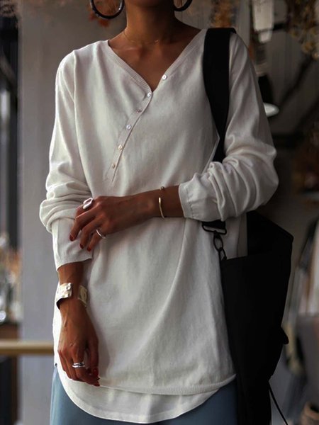 

V Neck Casual Wool Blend Sweater, White, Sweaters