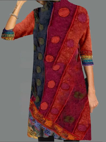 

Red Printed Long Sleeve Knitting Dress, Dresses