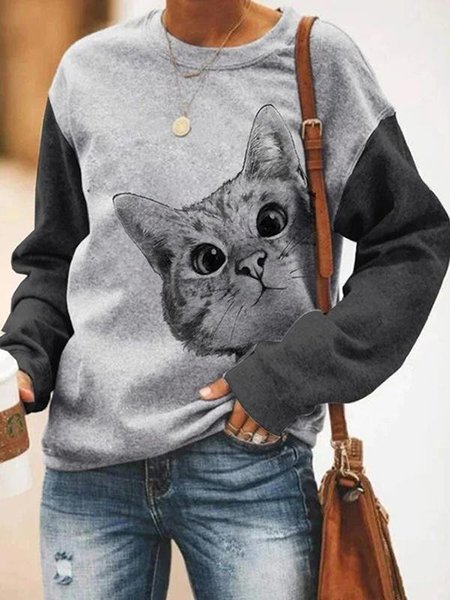 

Casual Cat Print Crew Neck Long Sleeve Sweatshirt, Gray, Hoodies&Sweatshirts