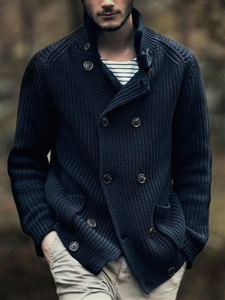 

V Neck Solid Cardigan, Navy blue, Men's Sweater