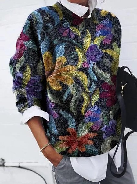 

Cotton-Blend Long Sleeve Crew Neck Striped Sweatshirts, Multicolor, T-Shirts