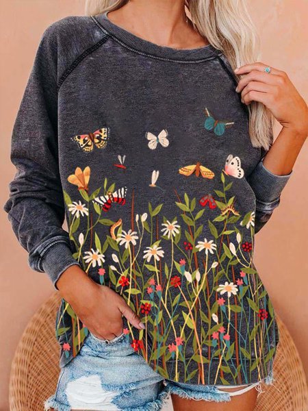 

Butterfly Animal Printed Long Sleeve Casual Sweatshirts, Gray, Sweatshirts & Hoodies
