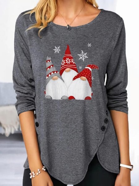

Print Round Neck Long Sleeves Button Up Casual Christmas Blouses, Gray, Tops