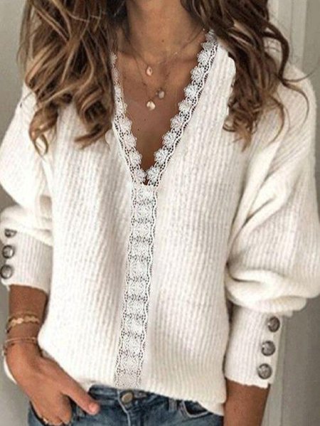

Solid Lace V-Neck Casual Sweaters, White, Sweaters