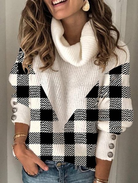 

Color Block Grid Turtleneck Casual Sweater, White, Sweaters & Cardigans