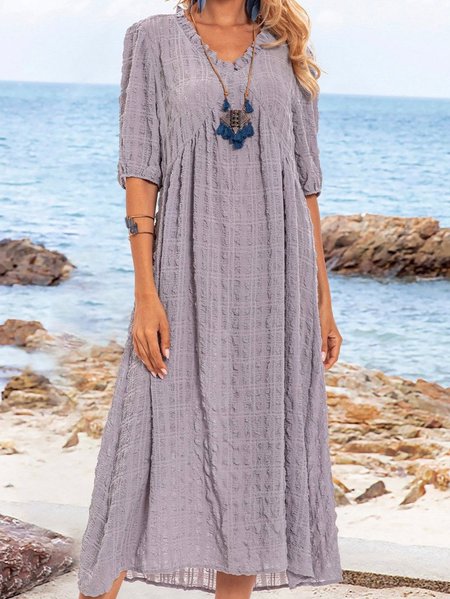 

Blue A-Line Cotton-Blend Casual V Neck Dresses, Midi Dresses