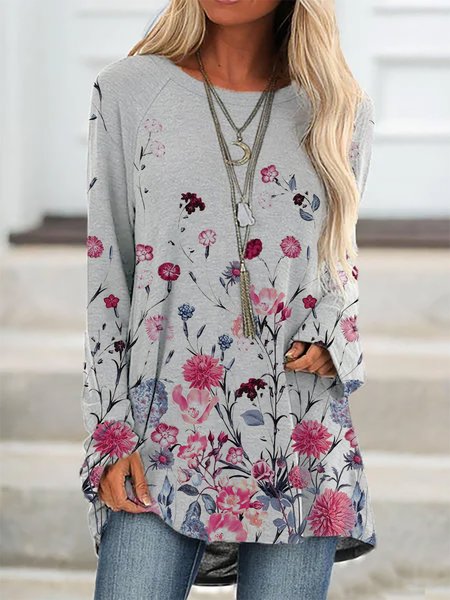 

Long Sleeve Floral Casual Shirts & Tops, Light gray, Tunics
