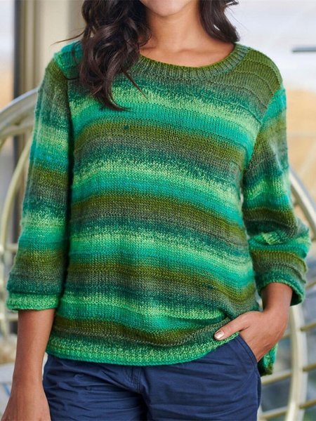

Long Sleeve Crew Neck Striped Casual Sweater, Green, Sweaters