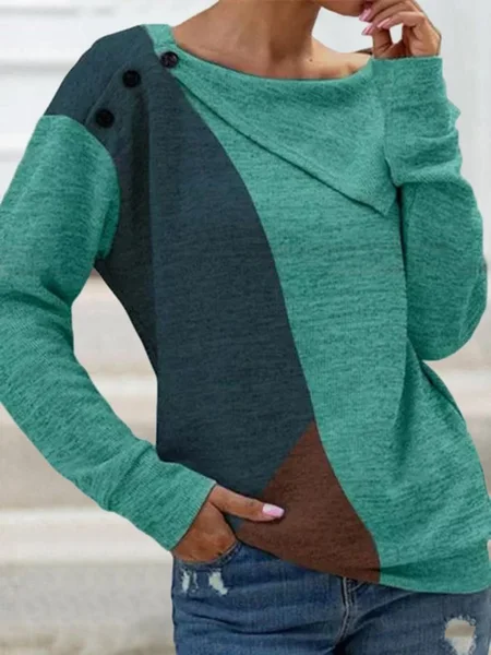 

Round neckline color block casual regular buttons Shift Long Sleeve Sweater, Green, Sweaters