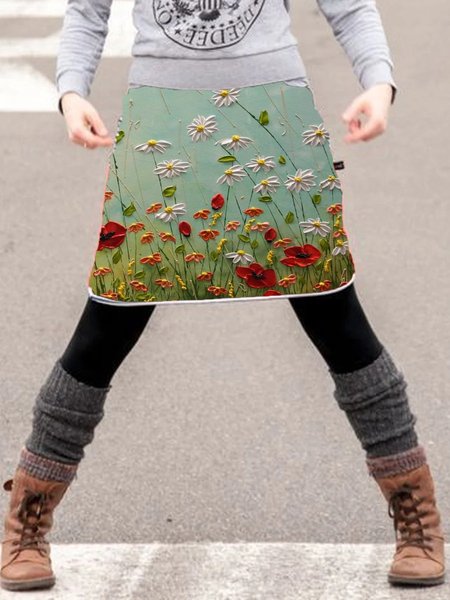 

Green Art Painting Printed Casual Vintage A-Line Skirts, Skirts