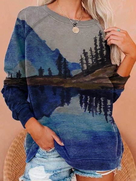Casual Crew Neck Floral-Print Sweatshirts, Blue, Hoodies & Sweatshirts