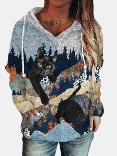 

Casual Forest Cat Print Long Sleeve Hoodie Sweatshirts, Gray, Tops