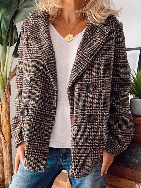 

Long Sleeve Lapel Checkered/plaid Casual Jacket, Coffee, Blazers