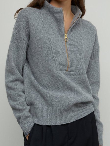 

Stand Collar Cocoon Plain Casual Sweater, Gray, Sweaters