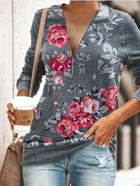

Maniche Lunghe Casuale Stampato Floreale Felpa Cotone, Grigio, Hoodies & Sweatshirts