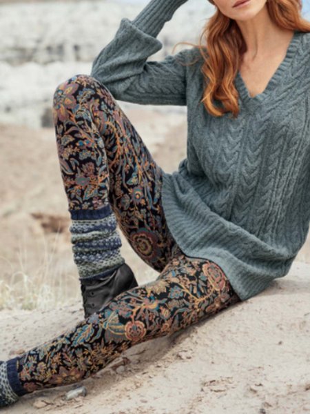 

Floral Sheath Printed Cotton-blend Vintage Winter Print Leggings, Pants