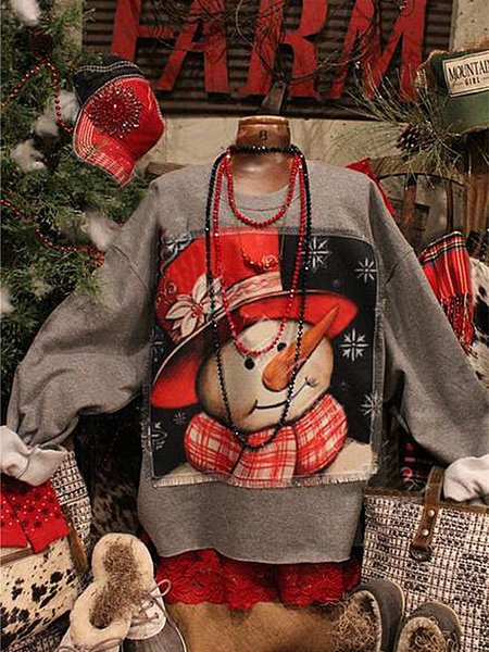 

Christmas loose long sleeve printed sweatshirt, Gray, Tops