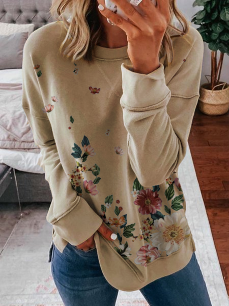 

Plus size Long Sleeve Casual Floral Sweatshirt, Khaki, Hoodies & Sweatshirts