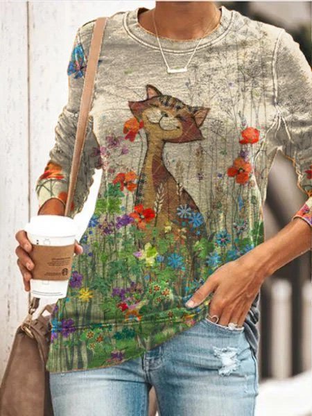 

Vintage Long Sleeve Floral-Print Sweatshirt, Light gray, Hoodies&Sweatshirts