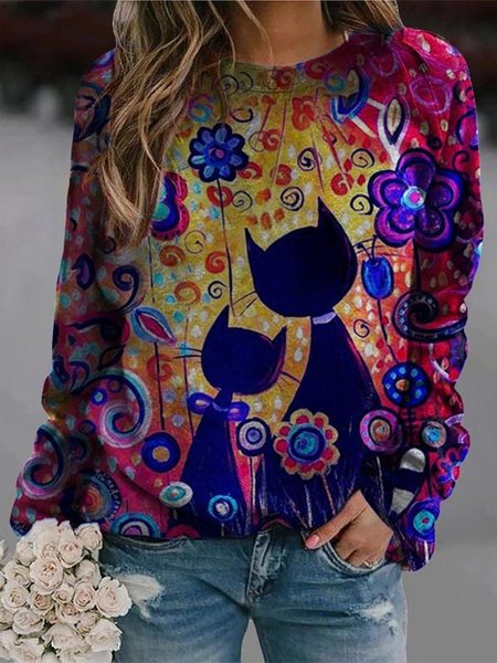 

Cotton-Blend Long Sleeve Cats Print Casual Sweatshirt, Purple, Tops