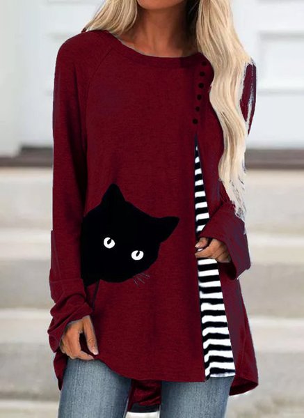 

Casual Crew Neck Cats Print Shirts & Tops, Wine red, Hoodies&Sweatshirts