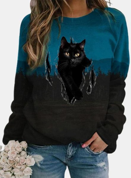 

Casual Long Sleeve Cats Print Sweatshirt, Blue, Hoodies & Sweatshirts