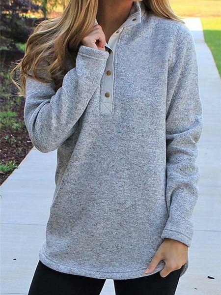 Long Sleeve Stand Collar Casual Buttoned Tops, Gray, Hoodies & Sweatshirts