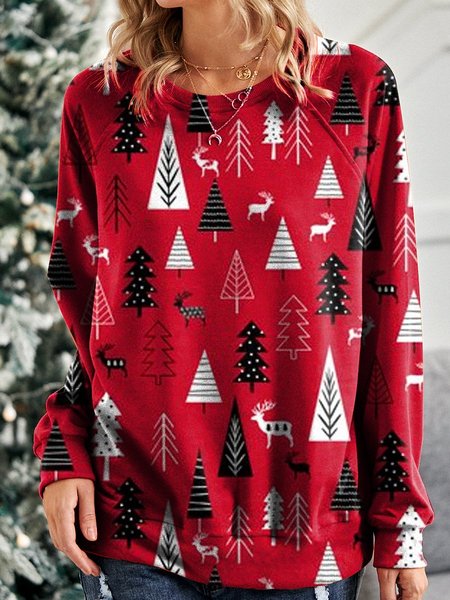 

Christmas plaid round neck long sleeve top, Red, Hoodies&Sweatshirts