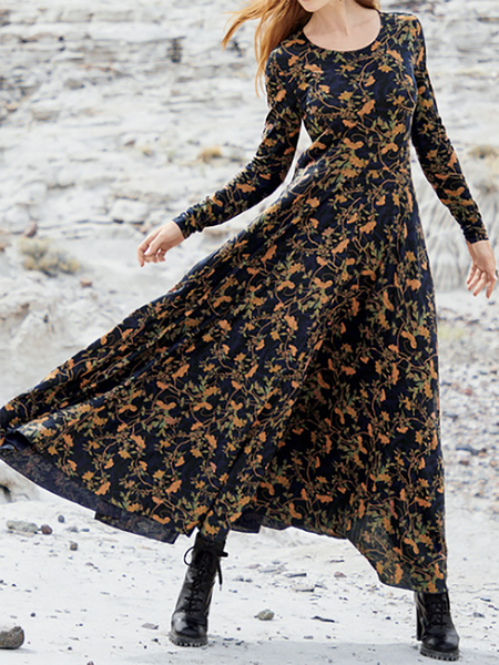 

Crew Neck Jacquard Long Sleeve Knitting Dress, As picture, Dresses