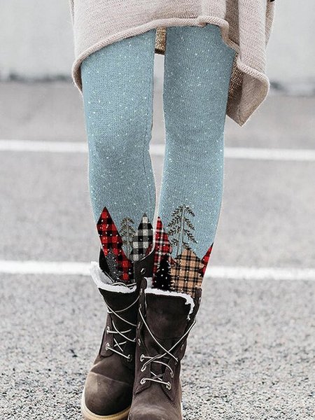 

Women Christmas Tree Snowflakes Print Casual Long Leggings, Blue, Bottoms