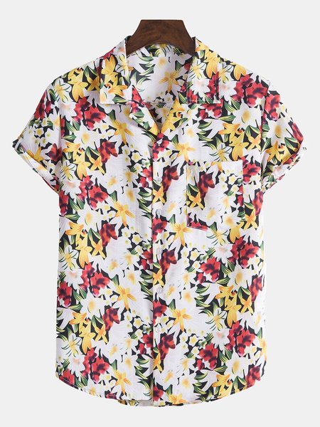 Men's Printed Shirt Collar Floral Shirts, White, Winter Clearance