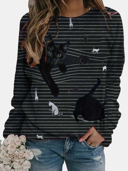 

Cats Print Crew Neck Long Sleeve Casual Sweatshirts, Black, Sweatshirts & Hoodies