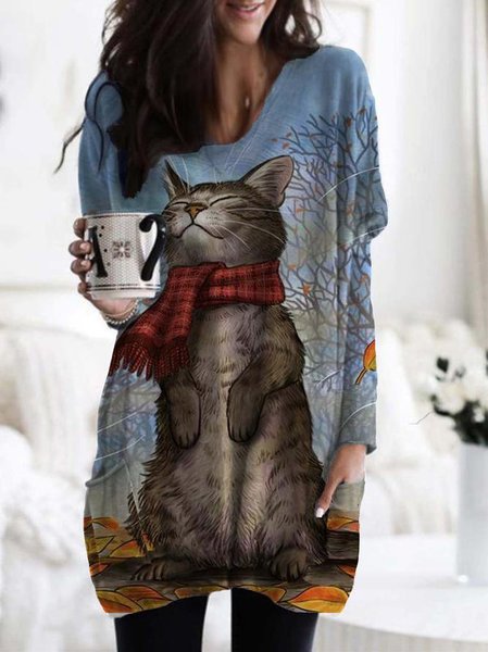 

Top Maniche Lunghe Casuale Gatto Stampare, Disegno di gatto, T-Shirts