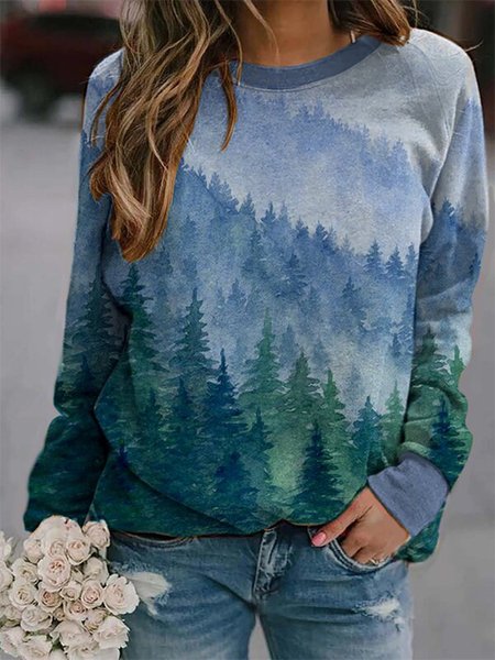

Women Crew Neck Treetop Print Casual Sweatshirt, Blue, Sweatshirts & Hoodies