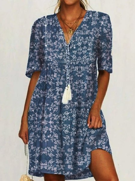 

Casual V Neck Weaving Dress, Blue, Floral Dresses