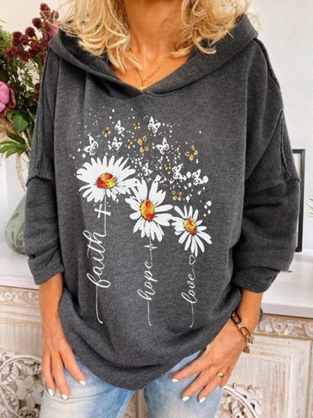 

Floral Animal Print Figure Long Sleeves Hoodie, Gray, Sweatshirts & Hoodies