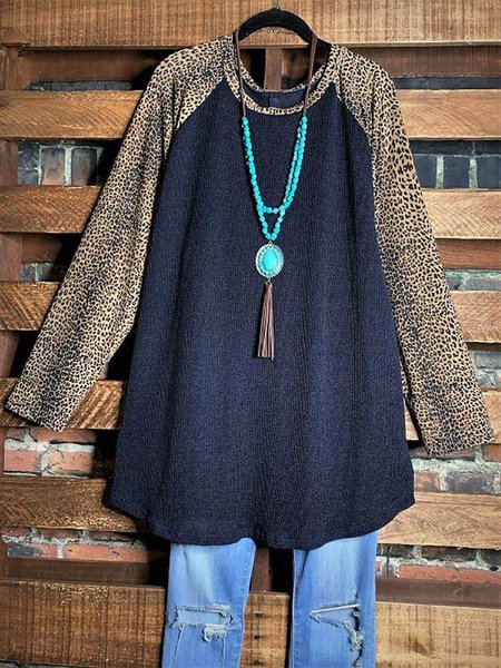 

Leopard Round Neck Long Sleeve Loose Tunic & Tops, Navy blue, Long sleeve tops