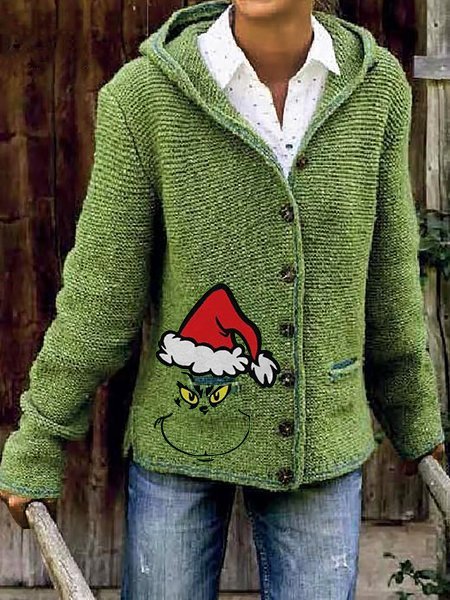 

Cotton-Blend Casual V Neck Striped Sweater coat, Green, Coats