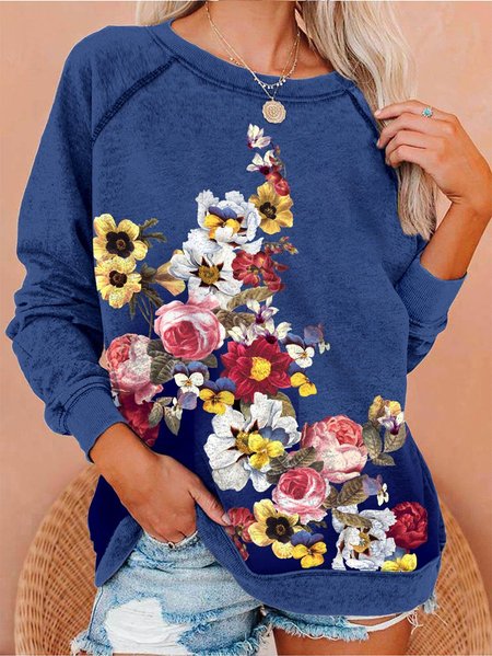 

Print Round Neck Casual Loose Sweatshirt, Blue, Hoodies & Sweatshirts