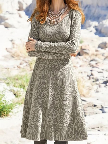 

Vintage Long Sleeve Crew Neck Dresses, Apricot, Dresses