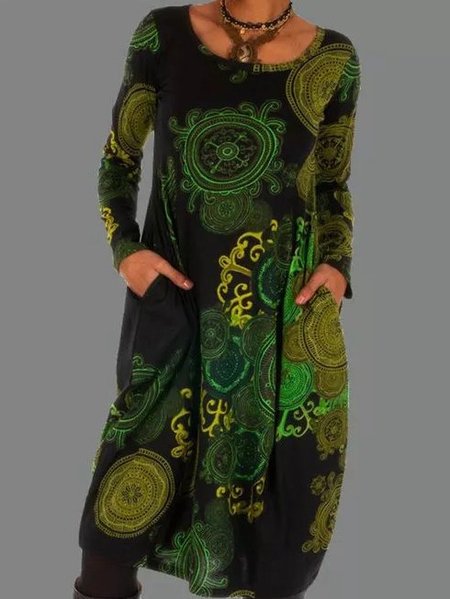 

Crew Neck Cotton-Blend Casual Dresses, Green, Midi Dresses