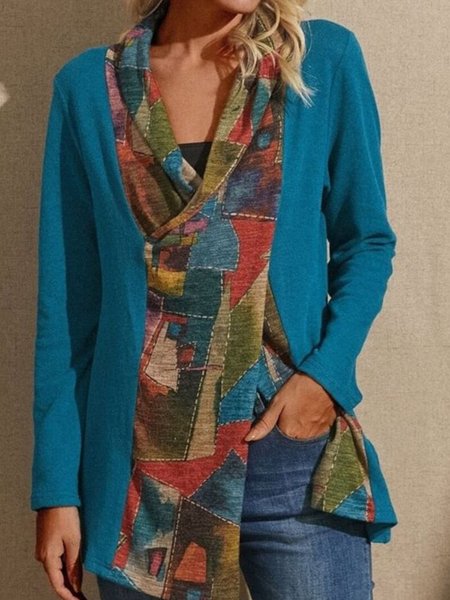 Top Casuale Stampato Maniche Lunghe Misto Cotone, Blu, Blouses & Shirts
