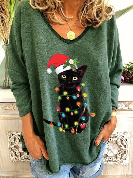 

Ladies Christmas cat graphic V-neck sweatshirt, Green, Tops
