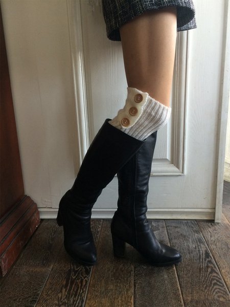 

Solid-color button woollen knitted garter cover retro boot cover, White, Auto-clearance