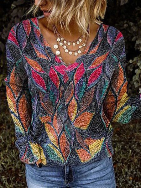 

Long Sleeve Leaves V Neck Floral-Print top, Multicolor, Pullovers