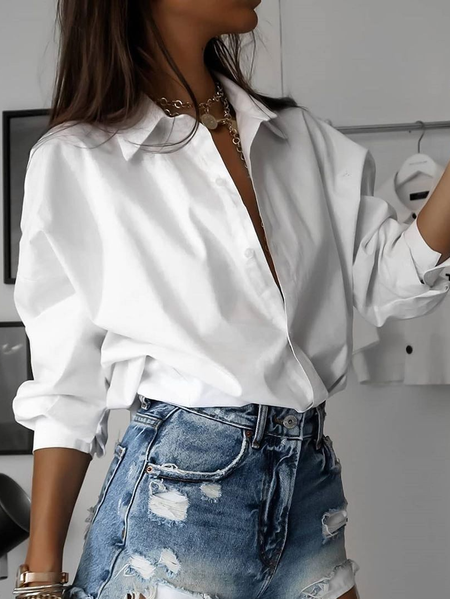 

Top Colletto a Camicia Cotone Maniche Lunghe Casuale, Bianco, Blouses & Shirts