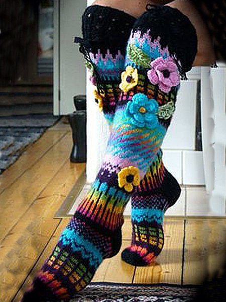 

Colorful woolen flower socks, Multicolor, Socks