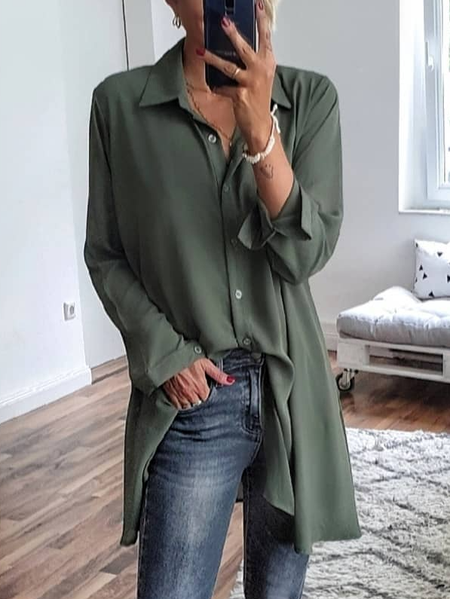 

Top Casuale Collo a Scialle Dritto Cotone, Verde, Blouses & Shirts