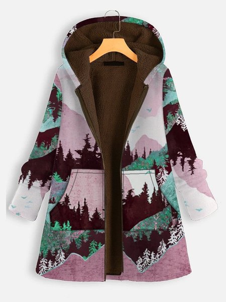 

Casual Forest Print Long Sleeve Fleece Jacket, Pink, Sweatshirts & Hoodies